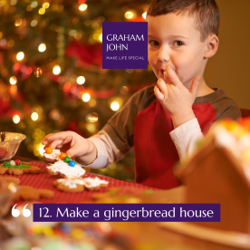 Family decorating a gingerbread house together, Kent home, festive baking fun.