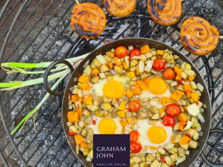 eggs cooking on a barbecue outdoors in summer garden