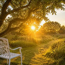 Morning sunlight filtering through fruit trees above garden chairs in a quiet corner.