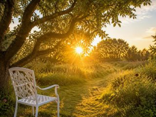 Morning sunlight filtering through fruit trees above garden chairs in a quiet corner.