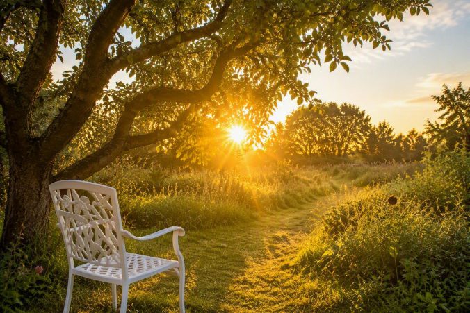 Morning sunlight filtering through fruit trees above garden chairs in a quiet corner.
