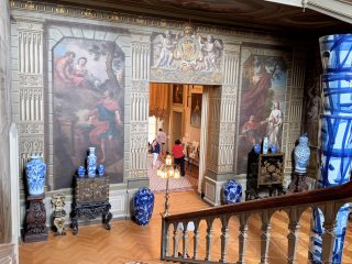 Blue porcelain sculptures from the Expressions in Blue exhibition displayed inside Petworth House