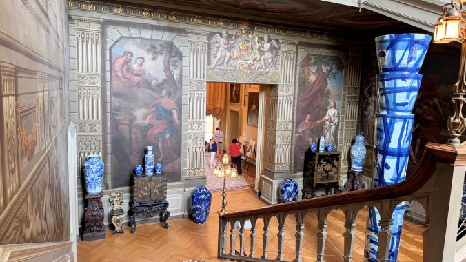 Blue porcelain sculptures from the Expressions in Blue exhibition displayed inside Petworth House